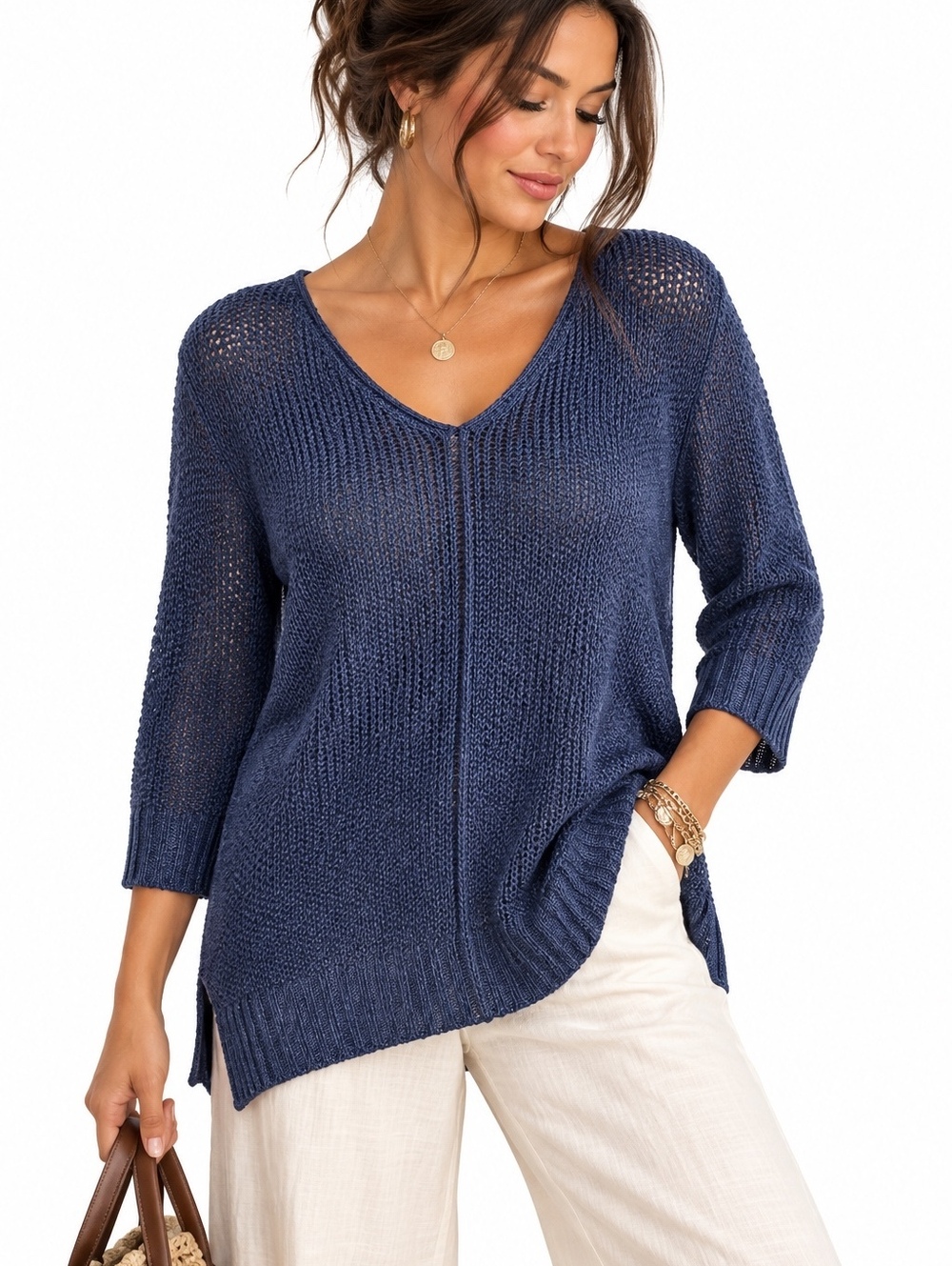 Chico’s Size 1 Navy Blue Open Knit V Neck Reverse Seam Sweater